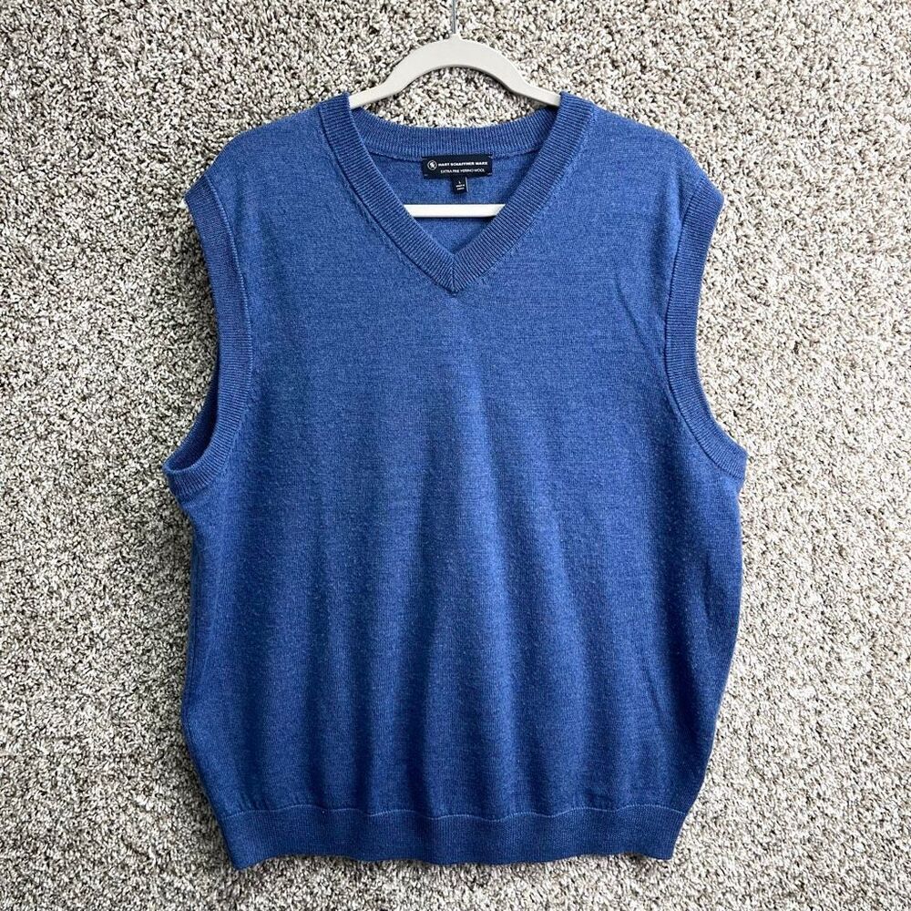Hart Schaffner Marx Sweater Vest Men’s L Blue Extra Fine Merino Wool Knit V-Neck
